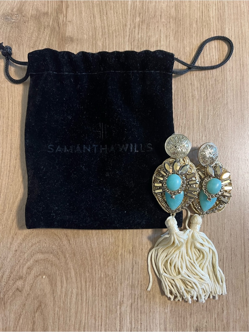 Samantha Wills Gold-Tone Earrings with Turquoise Stones and Ivory Tassels